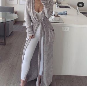 Grey soft maxi open belted sweater